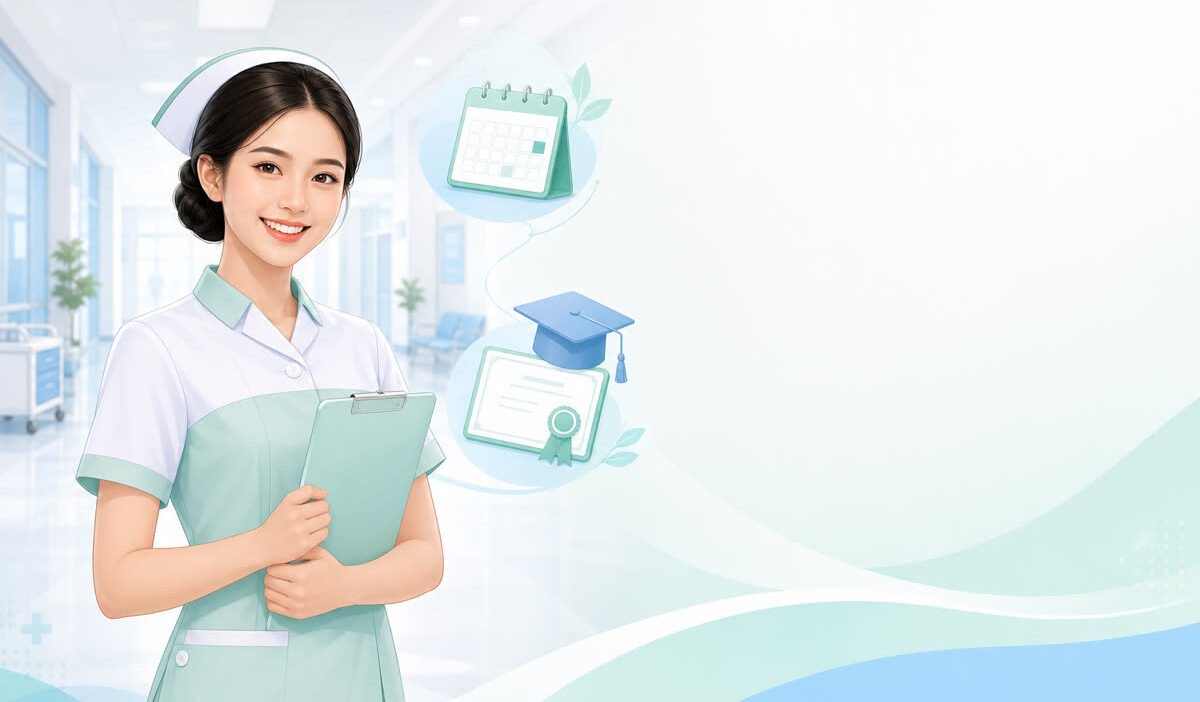 ผู้ช่วยพยาบาลในชุดสีเขียวมิ้นต์ พร้อมไอคอนปฏิทินและใบประกาศนียบัตร สื่อถึงหลักสูตรผู้ช่วยพยาบาล STIN สภากาชาดไทย