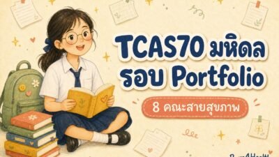 ภาพวาดนักเรียนหญิงในชุดนักเรียนนั่งอ่านหนังสือ พร้อมข้อความ TCAS70 มหิดล รอบ Portfolio 8 คณะสายสุขภาพ