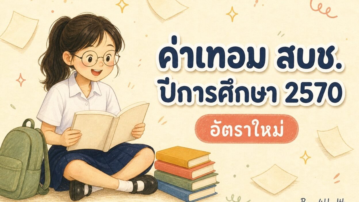 ภาพวาดนักเรียนหญิงนั่งอ่านหนังสือข้างกระเป๋าเป้ พร้อมข้อความ ค่าเทอม สบช. ปีการศึกษา 2570